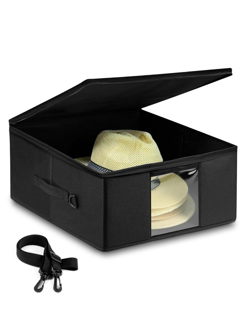 Teraves Large Cowboy Hat Storage Box All Around Hardboard Support CrushProof DustProof Wide Brims Hat Travel Case with Shoulder Strap Carrying Handle and Trolley Sleeve Black