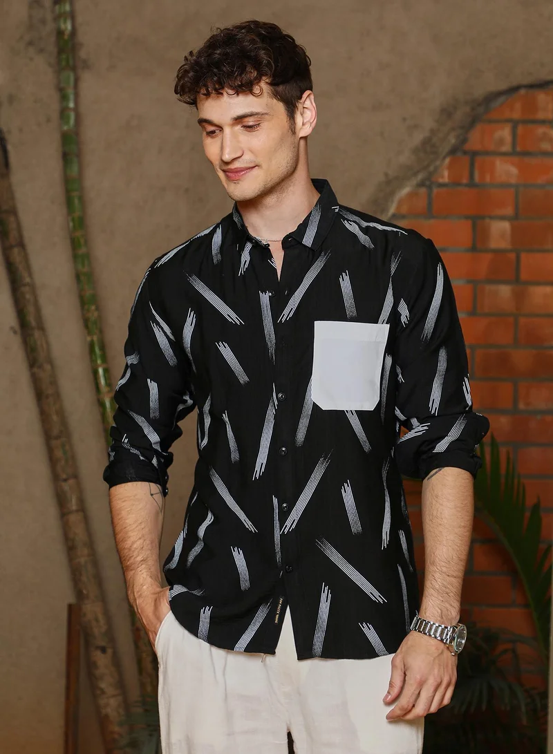 Campus Sutra Men's Obsidian Black Astral Blaze Shirt