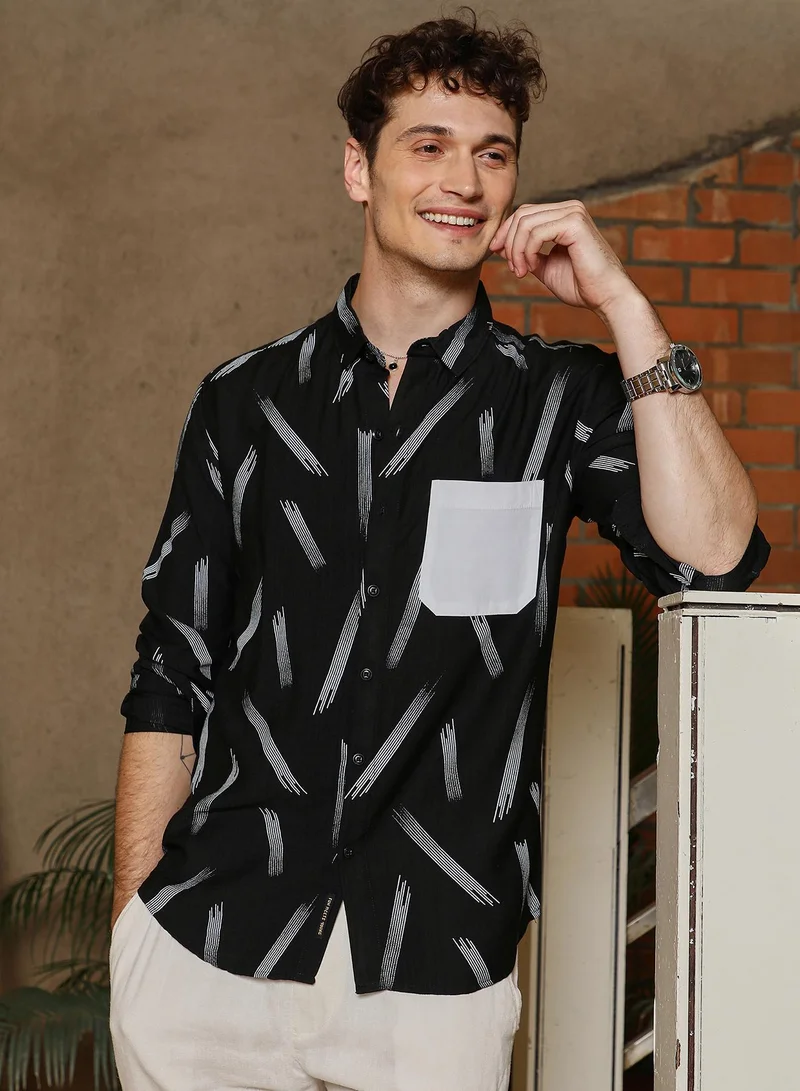 Campus Sutra Men's Obsidian Black Astral Blaze Shirt