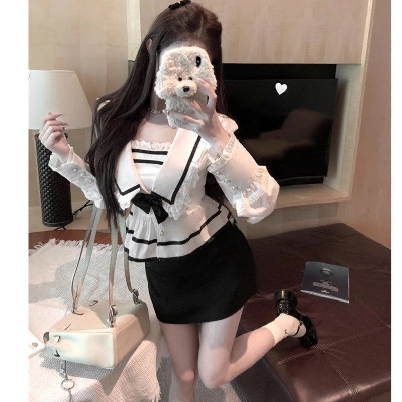 Pure Desire Style Sweet Suit Spring Elegant Slimming College Style Long Sleeve Top Skirt Short Skirt Two-Piece Set For Women - Image 2