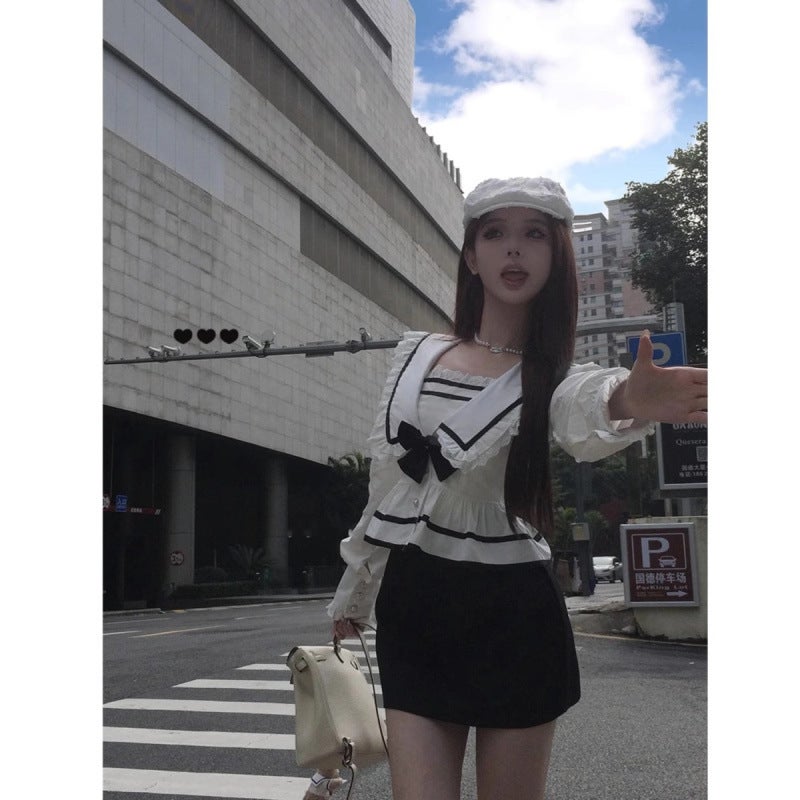 Pure Desire Style Sweet Suit Spring Elegant Slimming College Style Long Sleeve Top Skirt Short Skirt Two-Piece Set For Women - Image 4