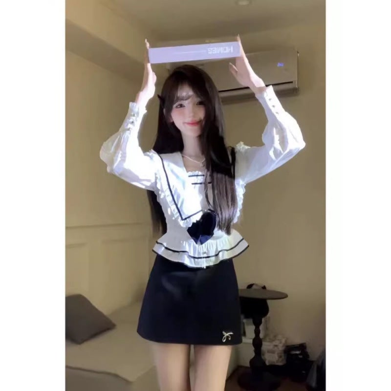 Pure Desire Style Sweet Suit Spring Elegant Slimming College Style Long Sleeve Top Skirt Short Skirt Two-Piece Set For Women - Image 3