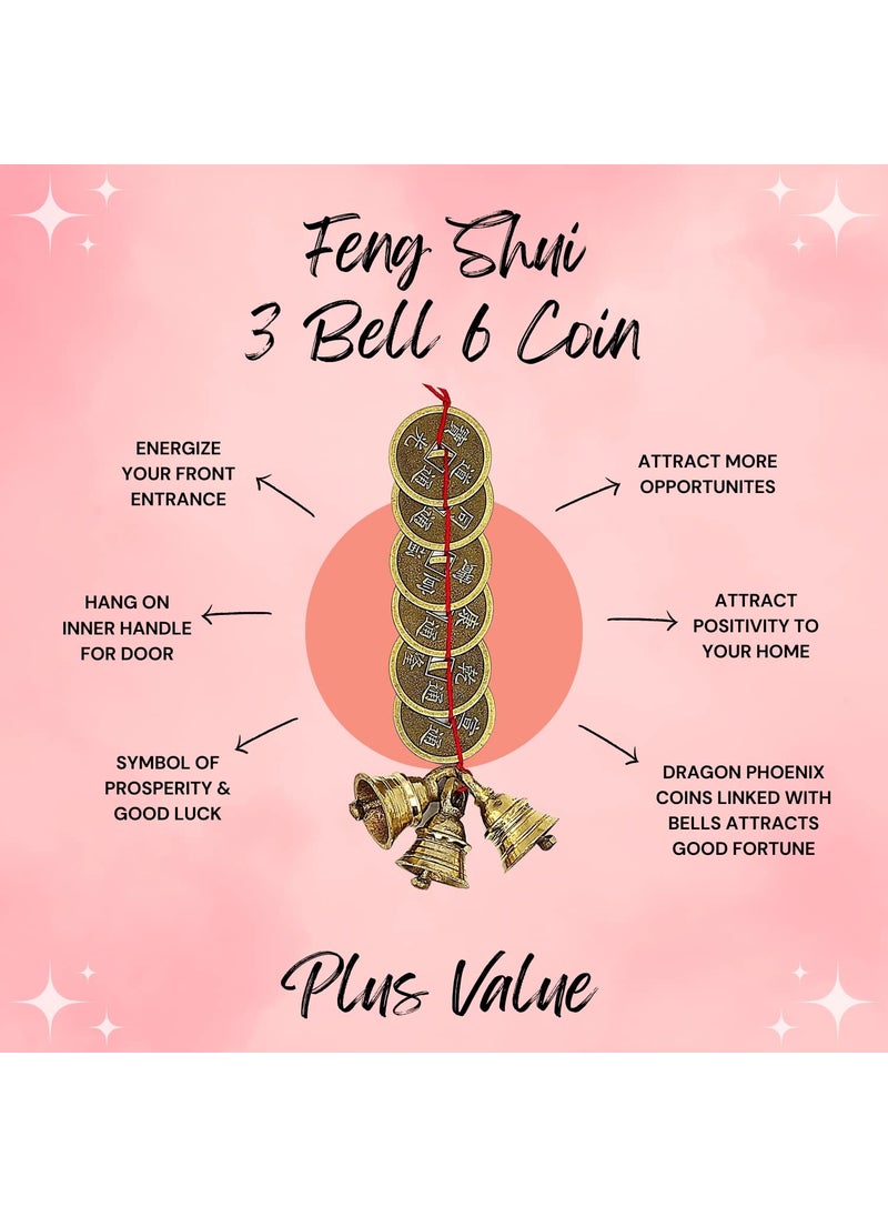 Plus Value Plus Value Feng Shui Vastu Chinese 3 Bell 6 Chinese Coins Big Size Home Office Positivity Decor Main Entrance Door Hanging 6 x 38 x 26 cm Multicolour  - Image 2