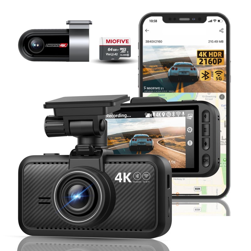 Miofive Dash Cam Car Front Rear 4K+4K WiFi Bluetooth Dash Cam with 64GB SD Card, Dual Car Camera with Parking Monitoring, Super Night Vision, HDR, G-Sensor, Loop Recording, App Control, Max 512GB - Image 1