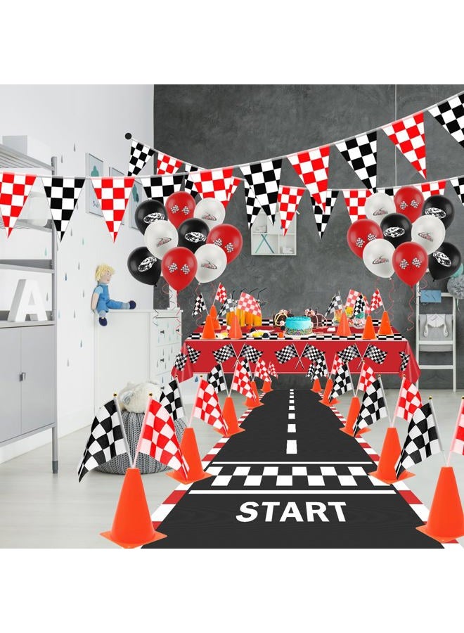 Ahier Race Car Party Decorations, Checkered Flag Party Supplies-12 Traffic Cones and 24 Racing Checkered Flags, 6.5Ft Racetrack Floor Runner and 9.8ft Checkered Flag Banner, Tablecloth, Balloons and Ribbons - Image 4