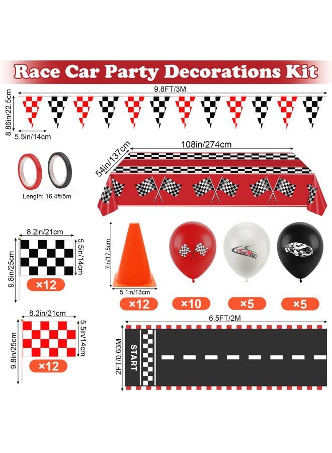 Ahier Race Car Party Decorations, Checkered Flag Party Supplies-12 Traffic Cones and 24 Racing Checkered Flags, 6.5Ft Racetrack Floor Runner and 9.8ft Checkered Flag Banner, Tablecloth, Balloons and Ribbons - Image 2