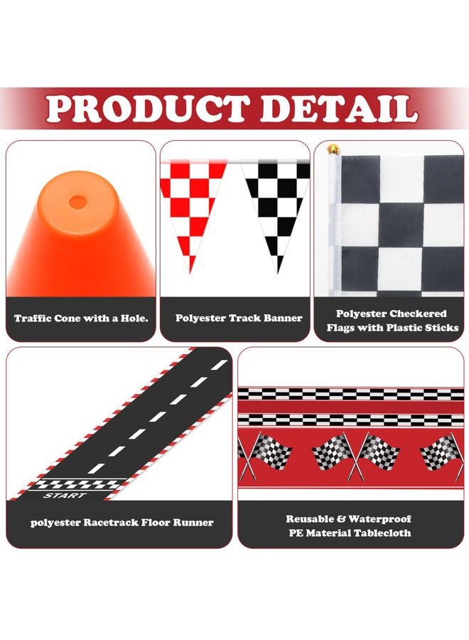 Ahier Race Car Party Decorations, Checkered Flag Party Supplies-12 Traffic Cones and 24 Racing Checkered Flags, 6.5Ft Racetrack Floor Runner and 9.8ft Checkered Flag Banner, Tablecloth, Balloons and Ribbons - Image 3