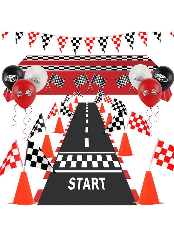 Ahier Race Car Party Decorations, Checkered Flag Party Supplies-12 Traffic Cones and 24 Racing Checkered Flags, 6.5Ft Racetrack Floor Runner and 9.8ft Checkered Flag Banner, Tablecloth, Balloons and Ribbons - Image 1