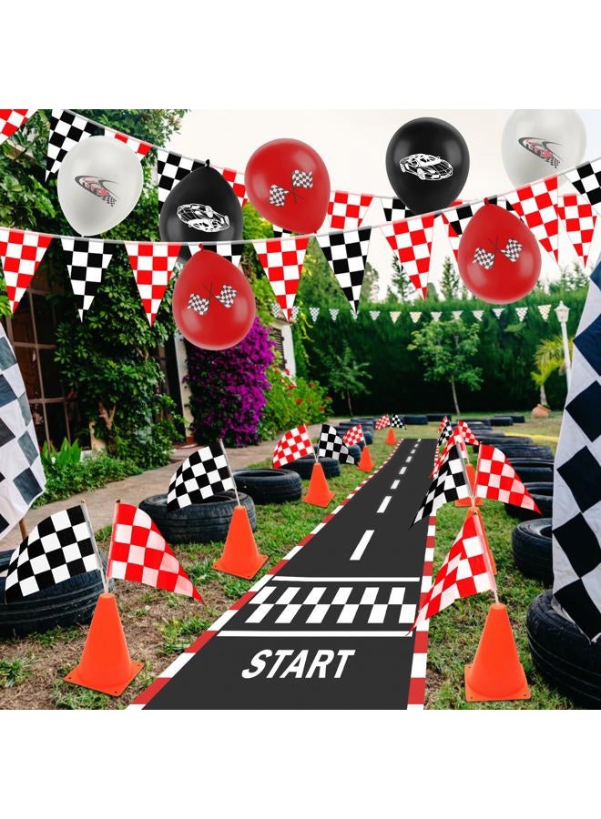 Ahier Race Car Party Decorations, Checkered Flag Party Supplies-12 Traffic Cones and 24 Racing Checkered Flags, 6.5Ft Racetrack Floor Runner and 9.8ft Checkered Flag Banner, Tablecloth, Balloons and Ribbons - Image 5