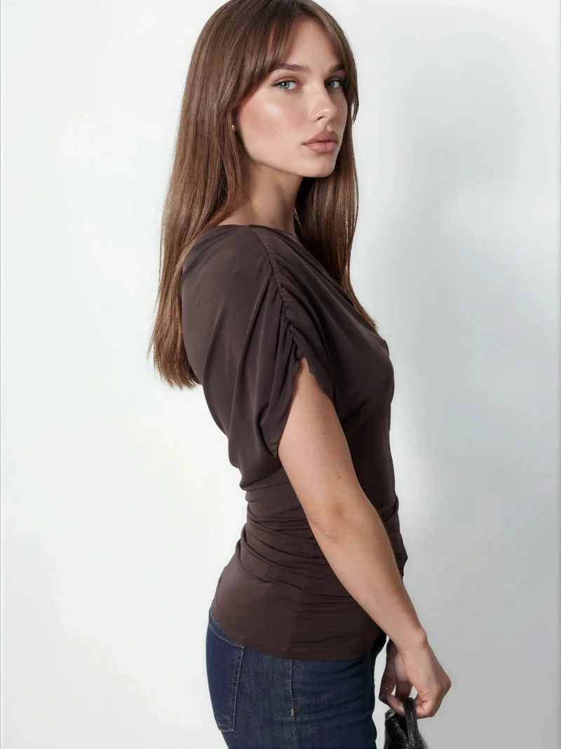HICCUP Asymmetrical Collar Short Sleeve Blouse