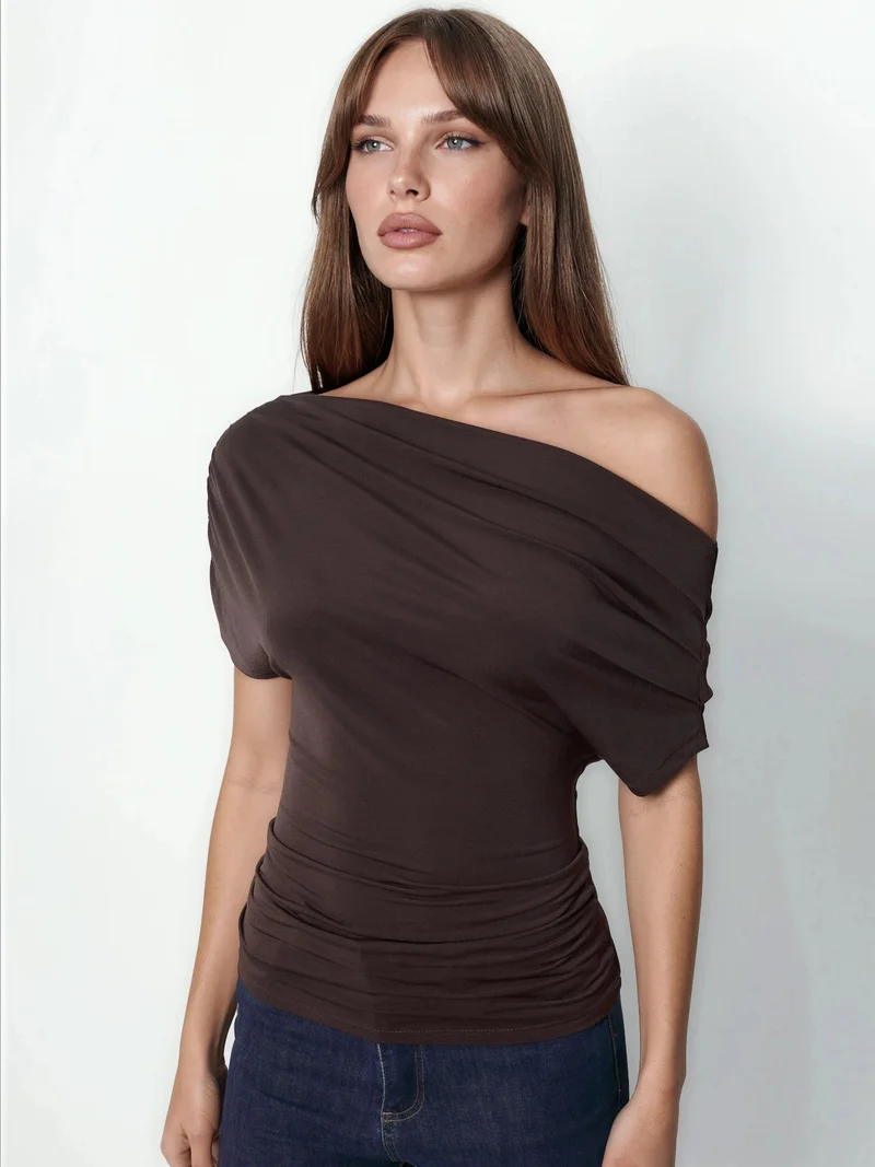 HICCUP Asymmetrical Collar Short Sleeve Blouse