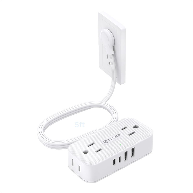 TROND Flat Plug Power Strip 5FT, Small Flat Extension Cord with Multiple Outlets, 4 AC and 4 USB Ports (2 USB C), Wall Mount 900J Surge Protector for Home Office Travel Dorm Room Essentials, White - Image 1