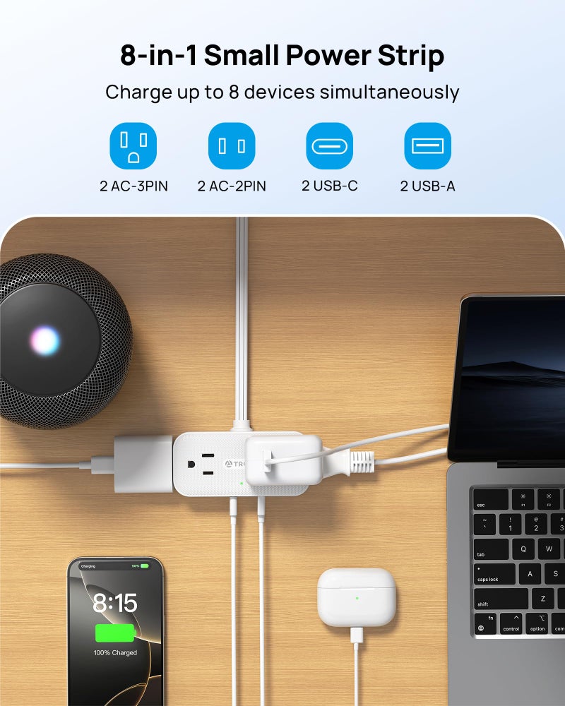 TROND Flat Plug Power Strip 5FT, Small Flat Extension Cord with Multiple Outlets, 4 AC and 4 USB Ports (2 USB C), Wall Mount 900J Surge Protector for Home Office Travel Dorm Room Essentials, White - Image 2