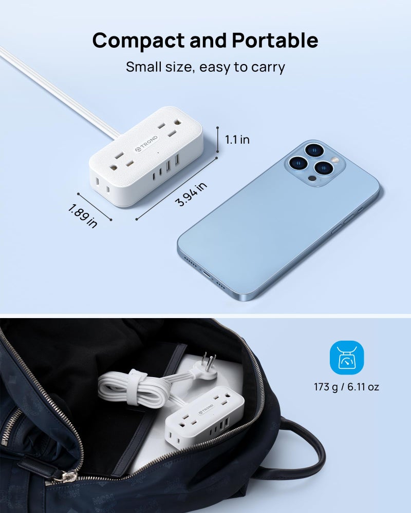 TROND Flat Plug Power Strip 5FT, Small Flat Extension Cord with Multiple Outlets, 4 AC and 4 USB Ports (2 USB C), Wall Mount 900J Surge Protector for Home Office Travel Dorm Room Essentials, White - Image 3
