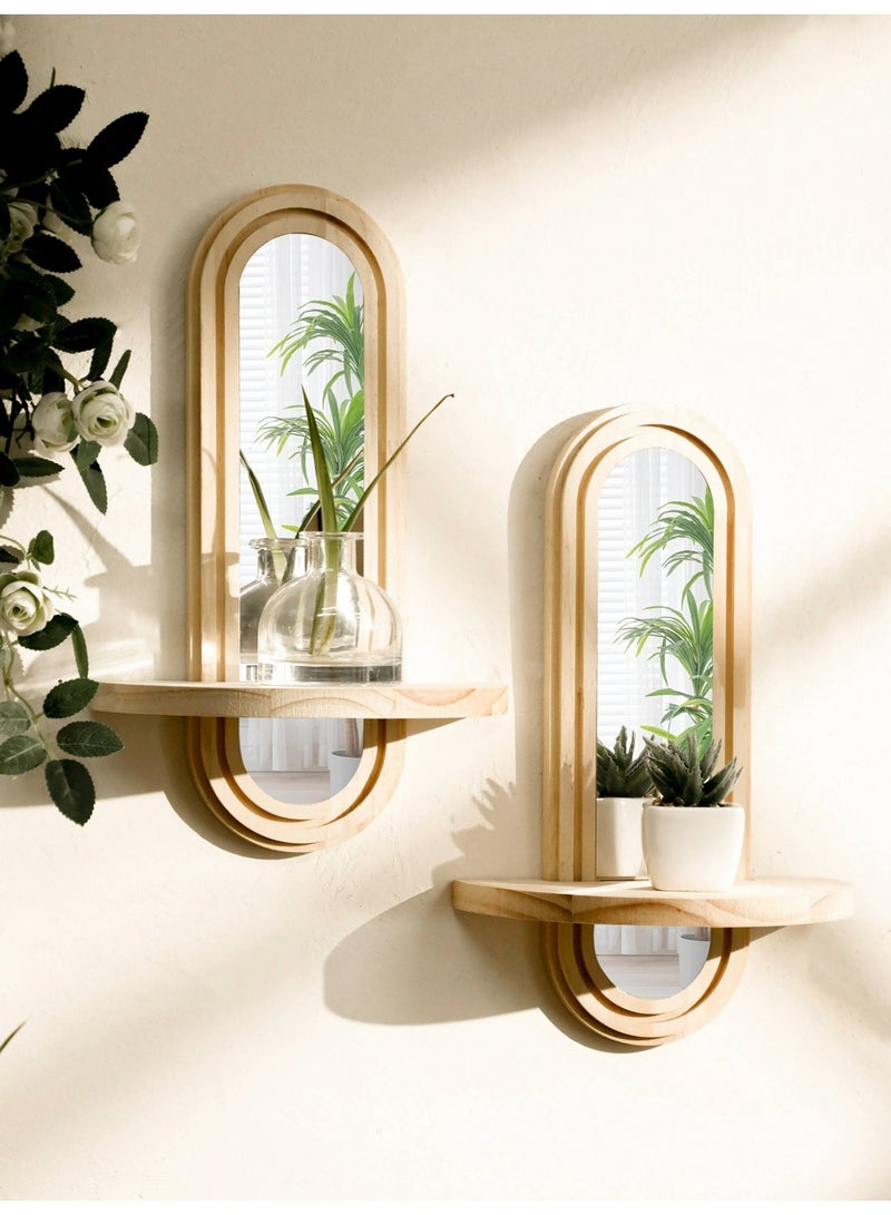 Ayana Casa Natural Wood Oval Mirror Wall Shelf – Acrylic Mirror Floating Shelf with Concentric Oval Frame for Living Room Bedroom Bathroom Home Décor - Image 1