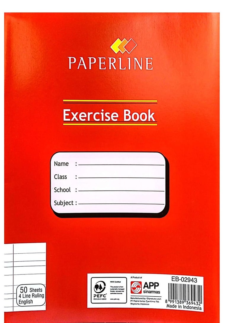 Paper Line دفتر تمارين 4 أسطر انجليزي 50 ورقة أحمر - Image 1