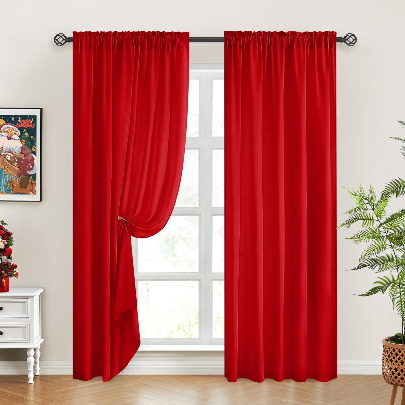 هوم أيدياز Homideas غير مشاهدة الستائر الحمراء الستائر المطلقة 52 × 96 بوصة طول 2 لوحات الستائر شبه شفافة الستائر النافذة الستائر لغرفة نوم غرفة المعيشة - Image 1