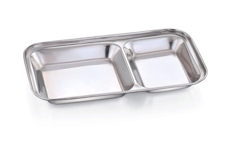 Expresso Heavy Duty Stainless Steel Rectangle Small Plate with 2 Sections Divided Mess Trays for Kids Lunch Camping Events Every Day Use Kitchenware Set of 3 Pcs - Image 1