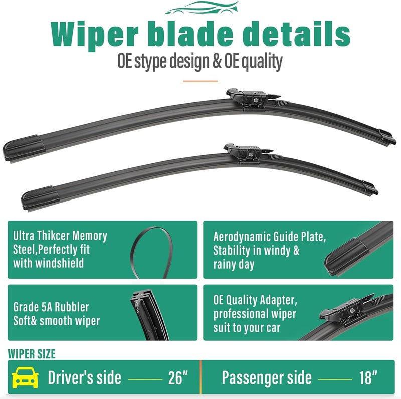 WINDSMILE 26" 18" 11" Windshield Wiper Blades Replacement for Lincoln Corsair 2020 2021 2022 2023 2024 Premium All Weather Front Rear Wipers Set - OEM Quality (Pack of 3) - Image 3