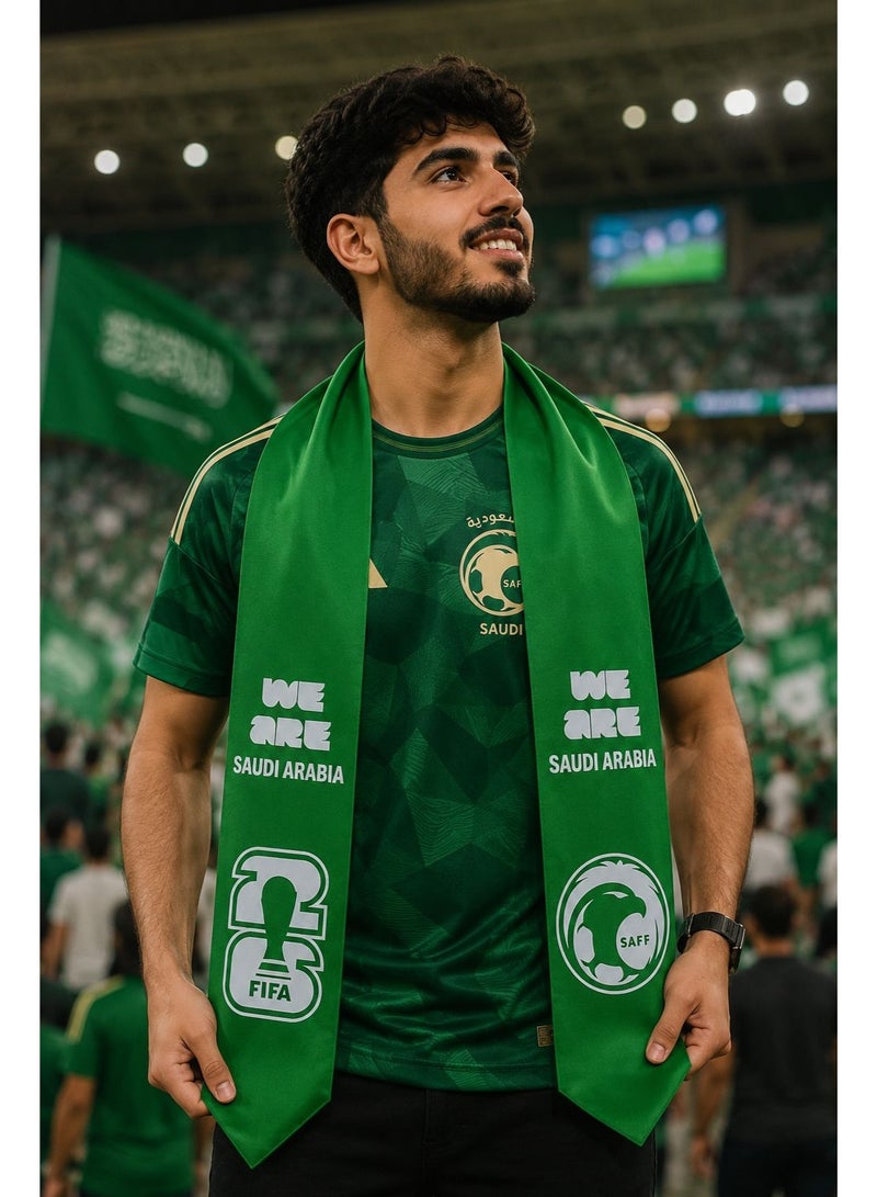 Green Satin Scarf Printed with Saudi National Football Team and FIFA World Cup 2026 Logos - Image 2