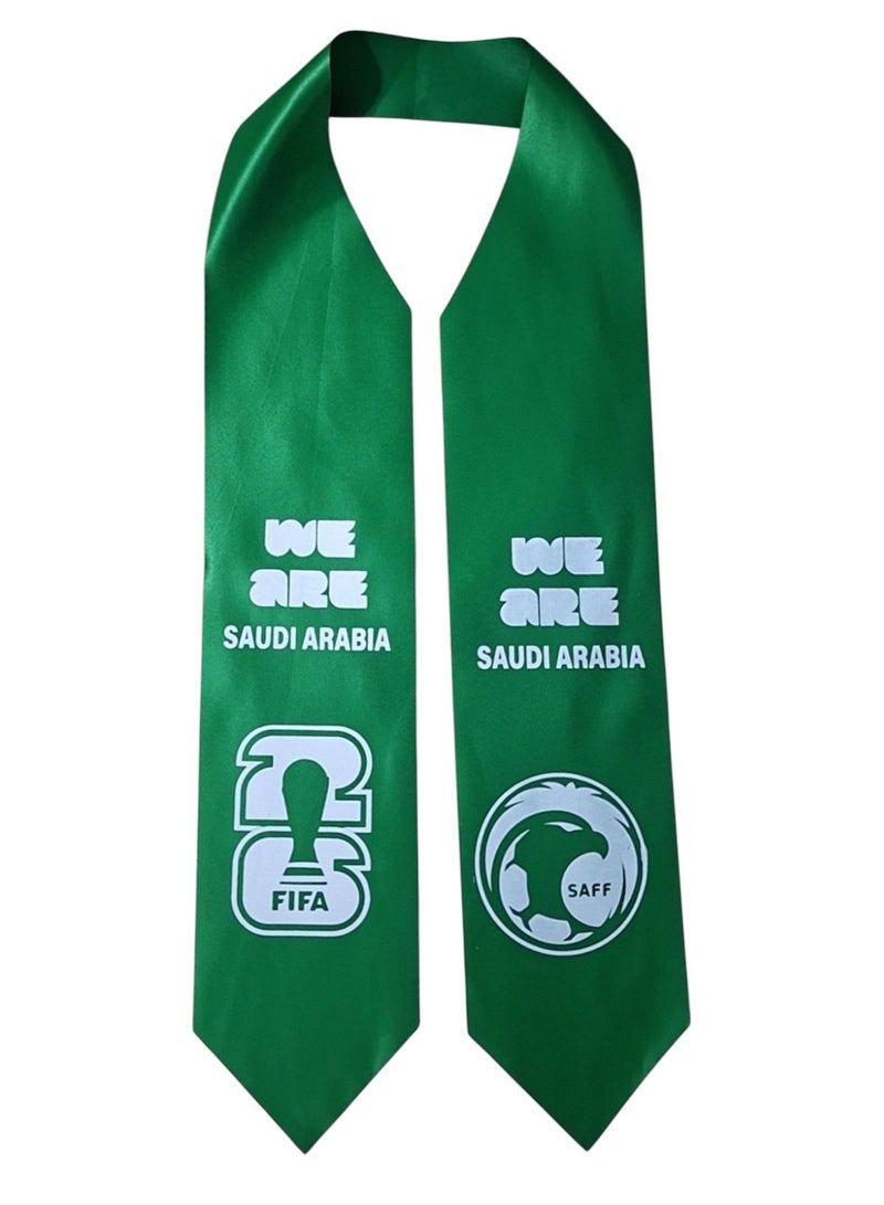 Green Satin Scarf Printed with Saudi National Football Team and FIFA World Cup 2026 Logos - Image 1