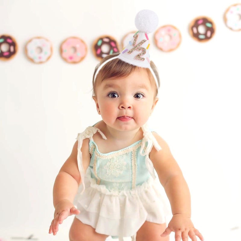 LINGANA Donut 1/2 Birthday Hat - Sweet 6 Months Birthday Party Decorations,Colorful Donut White Cone Hat,Half Way To One Cake Smash Photo Props,Gold Glitter Number 1/2 Party Crown - Image 4