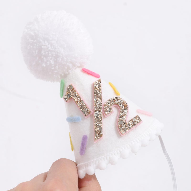 LINGANA Donut 1/2 Birthday Hat - Sweet 6 Months Birthday Party Decorations,Colorful Donut White Cone Hat,Half Way To One Cake Smash Photo Props,Gold Glitter Number 1/2 Party Crown - Image 5