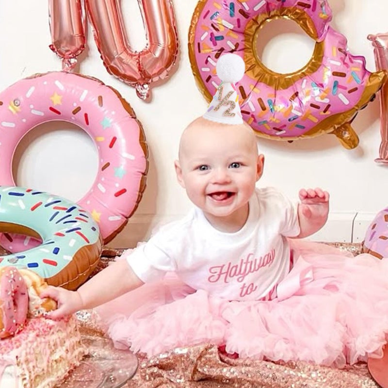 LINGANA Donut 1/2 Birthday Hat - Sweet 6 Months Birthday Party Decorations,Colorful Donut White Cone Hat,Half Way To One Cake Smash Photo Props,Gold Glitter Number 1/2 Party Crown - Image 2