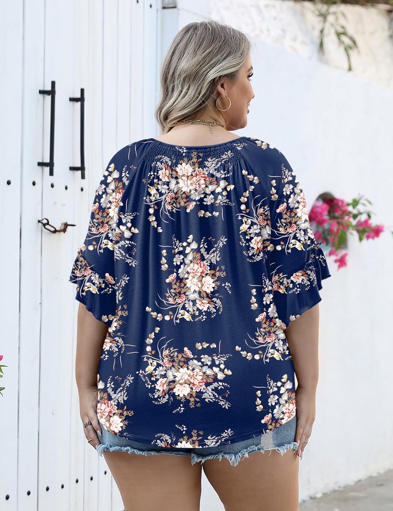 Micoson Women's Plus-Size Fashion 2025 Trendy Womens 3/4 Sleeve Tops and Blouses Ruffle Bell Sleeve Pleated Dressy Casual Tops - Image 2