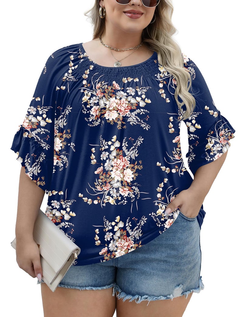 Micoson Women's Plus-Size Fashion 2025 Trendy Womens 3/4 Sleeve Tops and Blouses Ruffle Bell Sleeve Pleated Dressy Casual Tops - Image 4