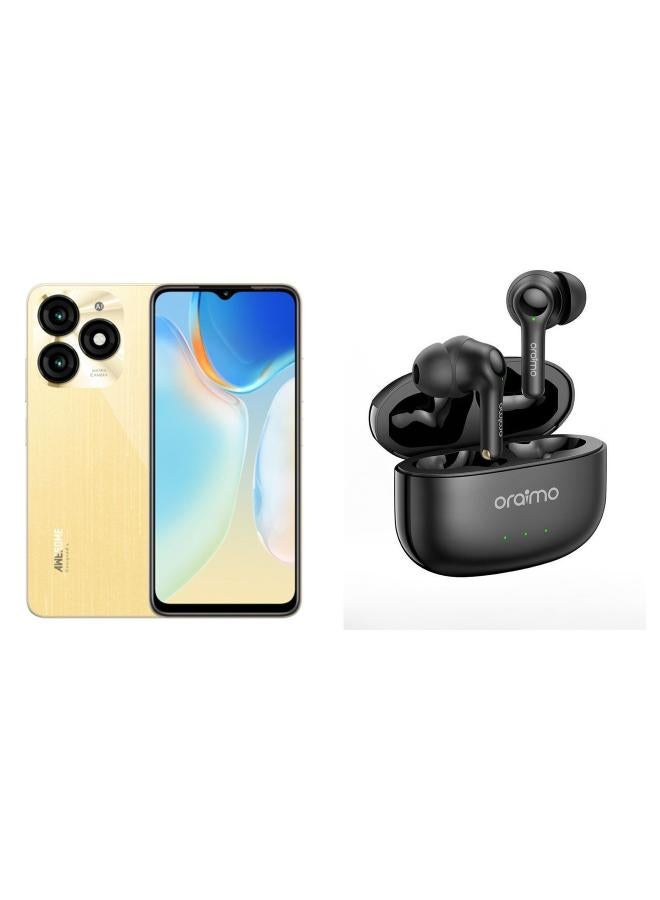 إيتيل هاتف ITEL A70 ثنائي الشريحة باللون الذهبي اللامع 4+8 جيجابايت RAM 256 جيجابايت 4G مع هدية مجانية Oraimo FreePods 3C لإلغاء الضوضاء أثناء المكالمات زمن تشغيل طويل سماعات أذن لاسلكية حقيقية باللون الأسود - Image 1