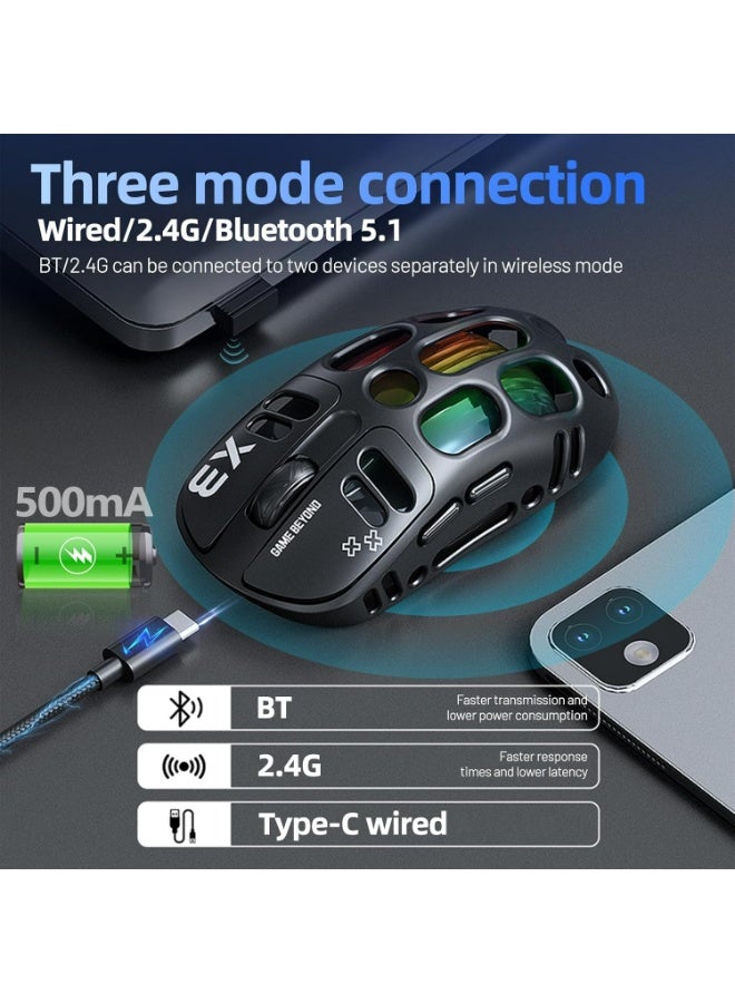 T-WOLF X3 Wireless Gaming Mouse, 70g Lightweight Cutout Design – 12,000 DPI PAW 3311 Sensor, 6 Programmable Buttons, Support Wired/2.4GHz/BT for PC/Mac/Gamers (Black) - Image 3