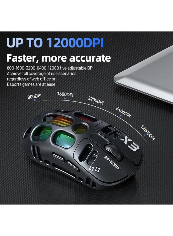 T-WOLF X3 Wireless Gaming Mouse, 70g Lightweight Cutout Design – 12,000 DPI PAW 3311 Sensor, 6 Programmable Buttons, Support Wired/2.4GHz/BT for PC/Mac/Gamers (Black) - Image 4