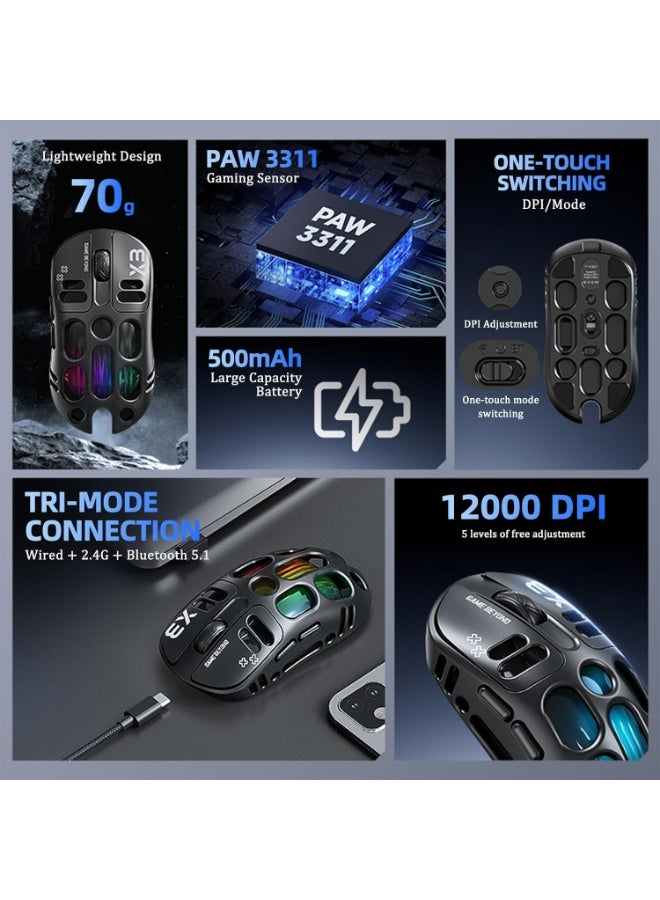 T-WOLF X3 Wireless Gaming Mouse, 70g Lightweight Cutout Design – 12,000 DPI PAW 3311 Sensor, 6 Programmable Buttons, Support Wired/2.4GHz/BT for PC/Mac/Gamers (Black) - Image 2