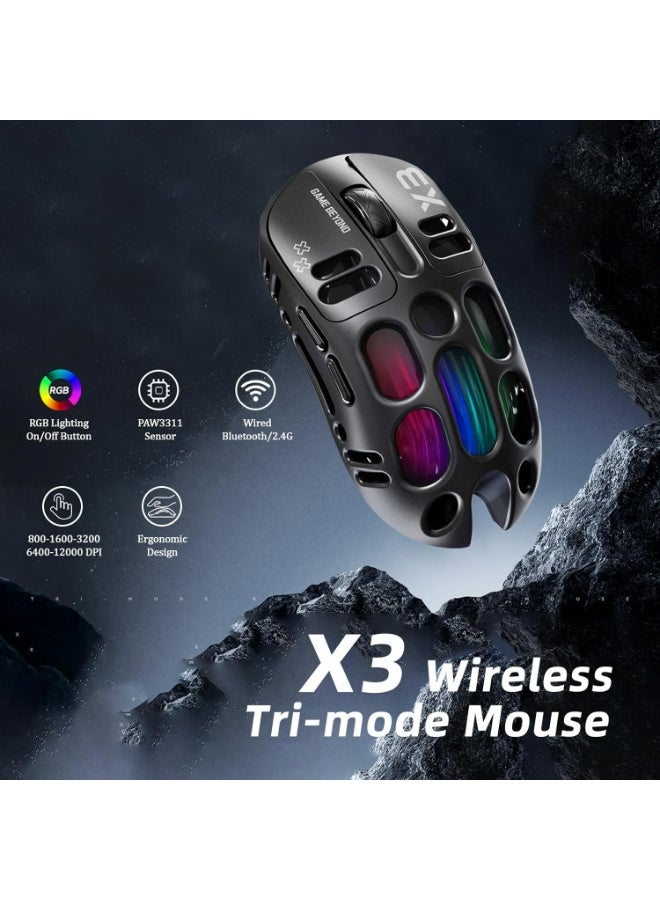 T-WOLF X3 Wireless Gaming Mouse, 70g Lightweight Cutout Design – 12,000 DPI PAW 3311 Sensor, 6 Programmable Buttons, Support Wired/2.4GHz/BT for PC/Mac/Gamers (Black) - Image 1