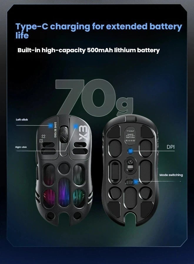 تي- وولف ماوس بلوتوث ، ماوس الكمبيوتر ، ماوس الألعاب ، ماوس لاسلكي ، بلوتوث ، 2.4GHz USB ، اتصال ثلاثي الوضع ، شحن بطارية 500mAh TYPEC ، ماوس RGB ، ماوس الكمبيوتر المحمول الألعاب 5D ، DIP حتى 12000  " - Image 4