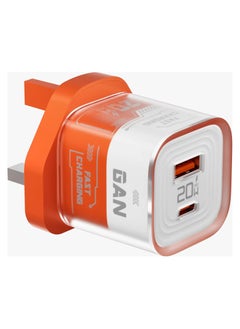 porodo Crystal Shell  GaN Wall Charger PD 20W Fast Charging UK Plug / USB-A & USB-C Output / Transparent Design / Over-Heat Protection / Simultaneous Charging - Orange  - Image 1