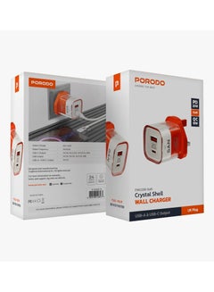porodo Crystal Shell  GaN Wall Charger PD 20W Fast Charging UK Plug / USB-A & USB-C Output / Transparent Design / Over-Heat Protection / Simultaneous Charging - Orange  - Image 3