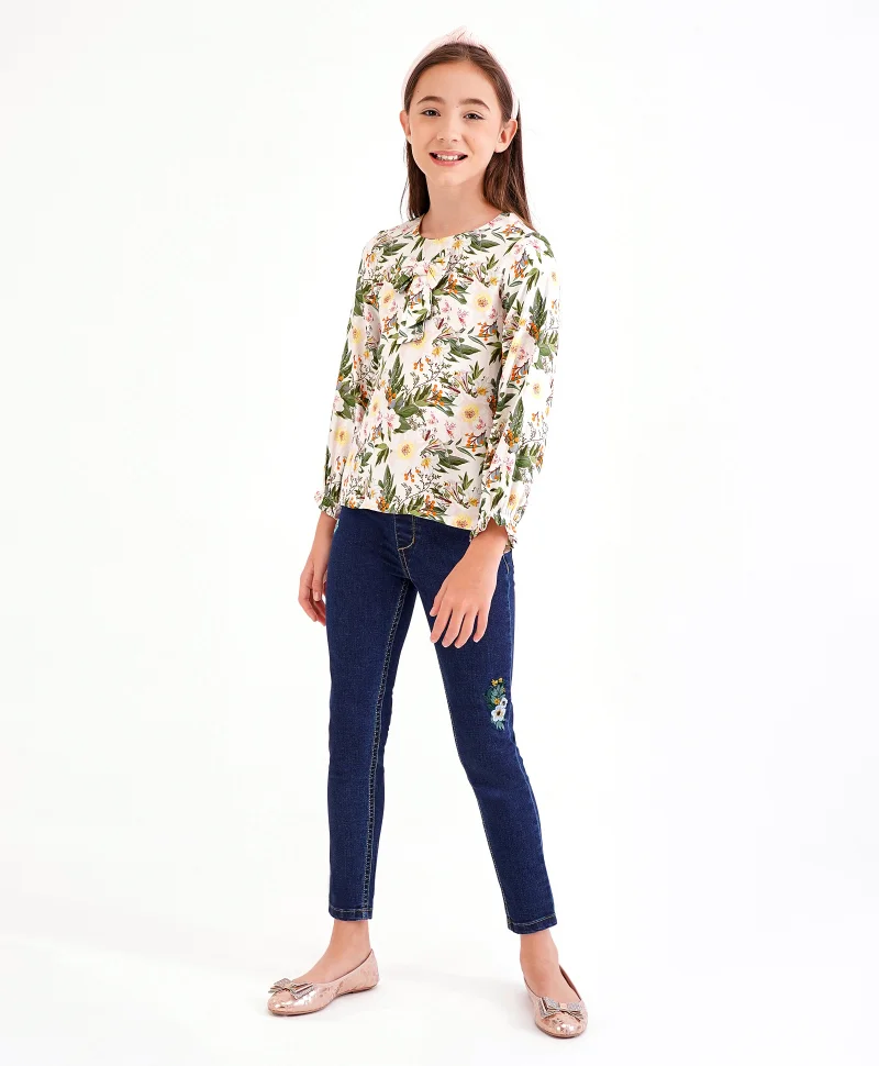 Primo Gino Primo Gino Cotton Elastane Ankle Length Jeans Flower Embroidery - Blue
