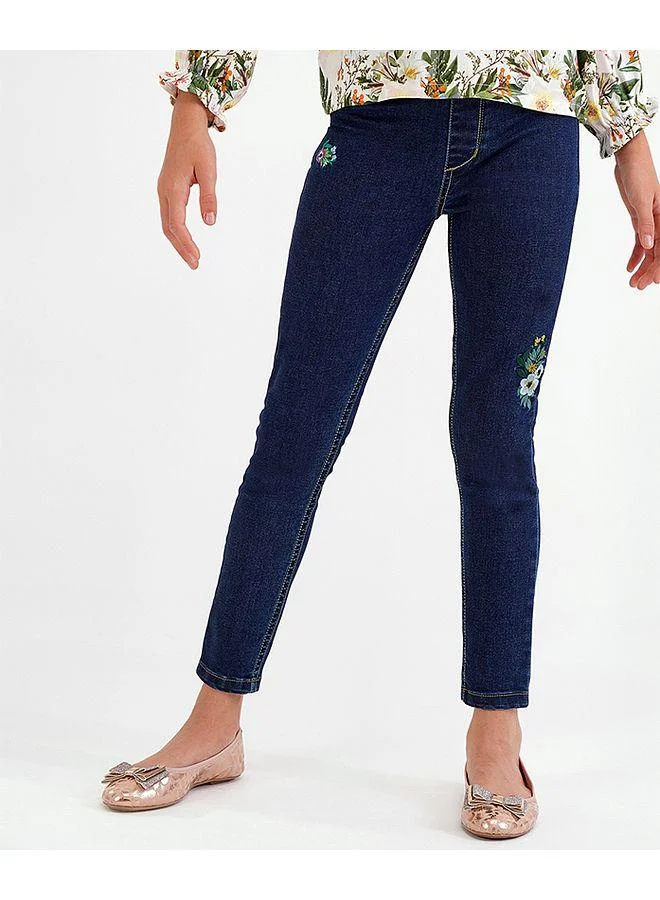 Primo Gino Primo Gino Cotton Elastane Ankle Length Jeans Flower Embroidery - Blue