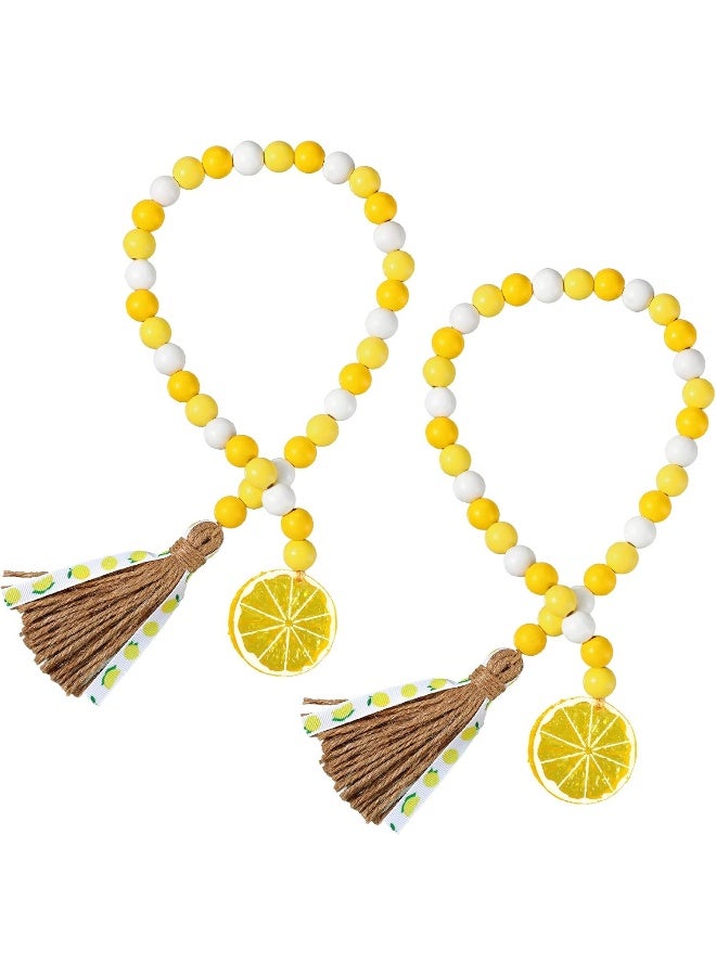 Jetec 2 Pieces Lemon Wood Bead Garland with Tassels Farmhouse Rustic Lemonade Bead Garland with Lemonade Sign Summer Lemonade Slice Tiered Tray Decor Prayer Boho Bead for Holiday Home Decor  - Image 1