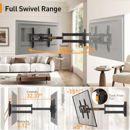 Perlegear Corner TV Wall Mount Long Arm TV Mount Bracket for 32-75 Inch TVs-Full Motion Wall Mount with 32.37” Extension & Swivel Articulating Arm & Tilt, MAX VESA 600x400mm, Holds up to 100 lbs - Image 4