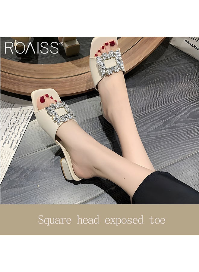 Women's Pu Block Heel Slippers Classic Square Headed Rhinestone Square Button Open Toe Outwear With Thick Heels 4Cm Thick Heel