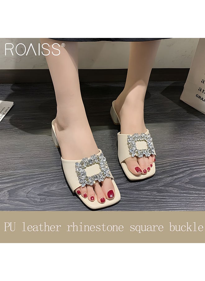 Women's Pu Block Heel Slippers Classic Square Headed Rhinestone Square Button Open Toe Outwear With Thick Heels 4Cm Thick Heel