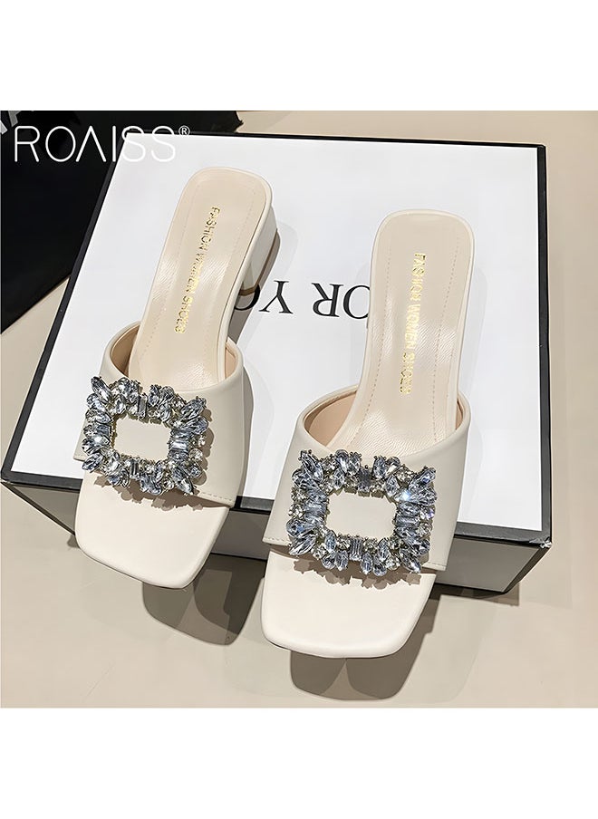 Women's Pu Block Heel Slippers Classic Square Headed Rhinestone Square Button Open Toe Outwear With Thick Heels 4Cm Thick Heel