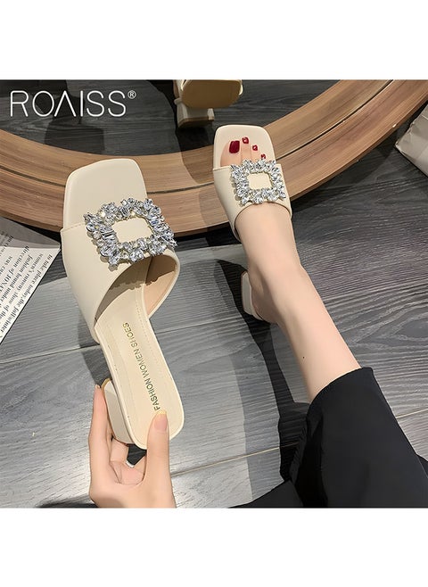 Women's Pu Block Heel Slippers Classic Square Headed Rhinestone Square Button Open Toe Outwear With Thick Heels 4Cm Thick Heel