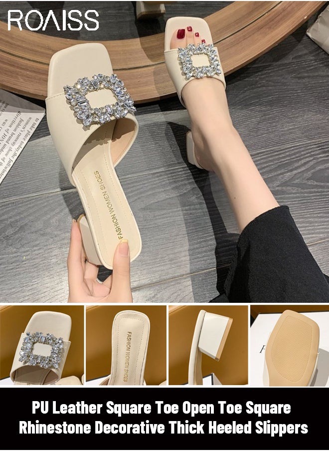 Women's Pu Block Heel Slippers Classic Square Headed Rhinestone Square Button Open Toe Outwear With Thick Heels 4Cm Thick Heel