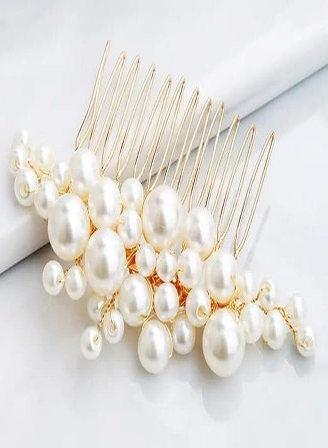 DORMITORRY Elegant Pearl Bridal Hair Comb & Pins, Gold Floral Hair Accessory for Brides, Bridesmaids, Juda Pin, Bun Pin, Wedding Jewelry for Women, Bridal Pearls Hair Brooch- 1 Piece - Image 3
