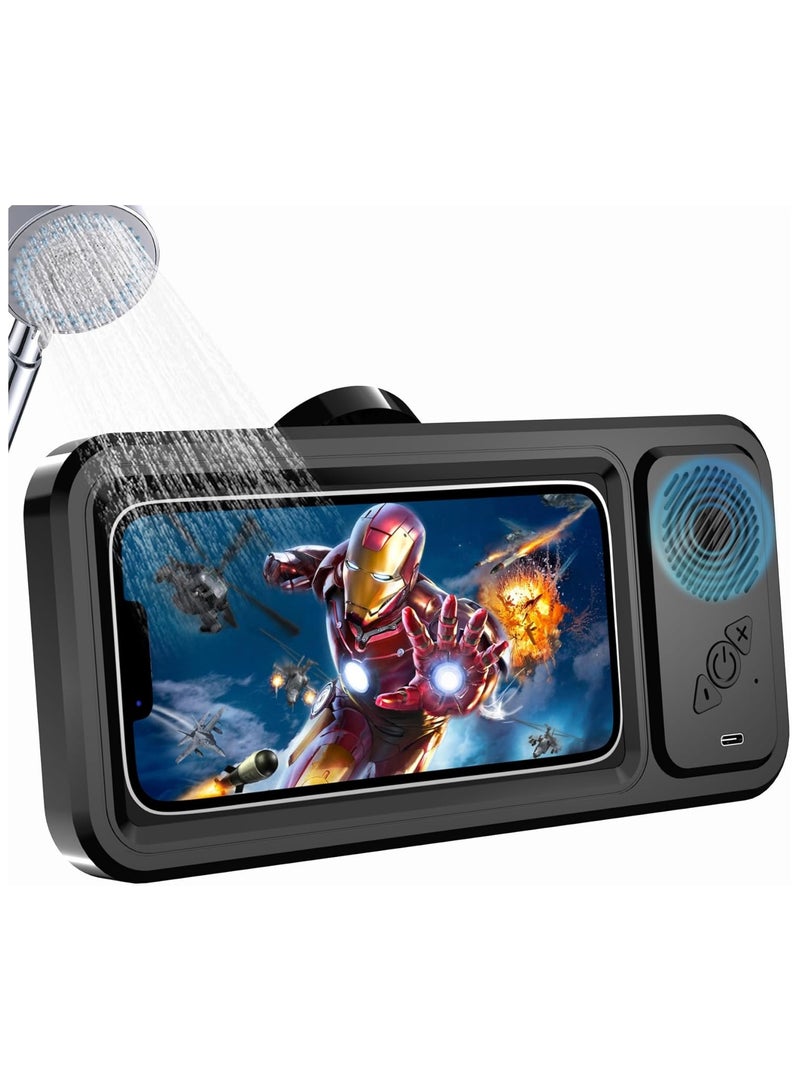Shower Phone Holder with Wireless Bluetooth Speaker, Waterproof 480 Rotation Viewable Shower Phone Stand Case Mount Speakers for Bathroom Wall Mirro for 4"- 6.8" Cell Phones(Black) - Image 1