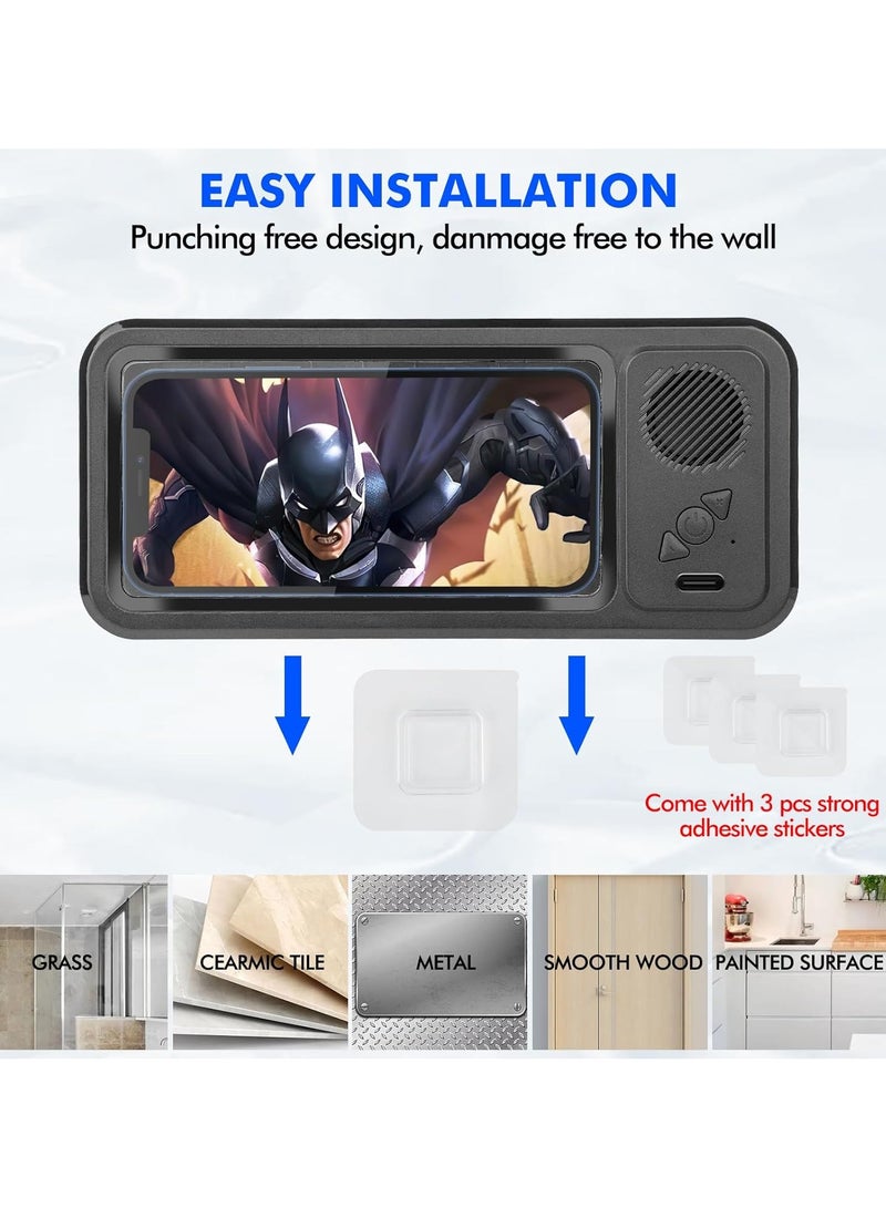 Shower Phone Holder with Wireless Bluetooth Speaker, Waterproof 480 Rotation Viewable Shower Phone Stand Case Mount Speakers for Bathroom Wall Mirro for 4"- 6.8" Cell Phones(Black) - Image 3